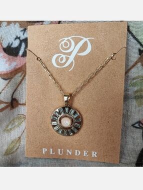 Faux Plunder Brand Faux Opal Baguette Rhinestone Gold Tone Necklace Pendant NEW